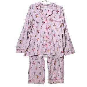 BedHead PJs Pajama Set Women 1X Pink‎ Skiing Dogs Winter Sleepwear